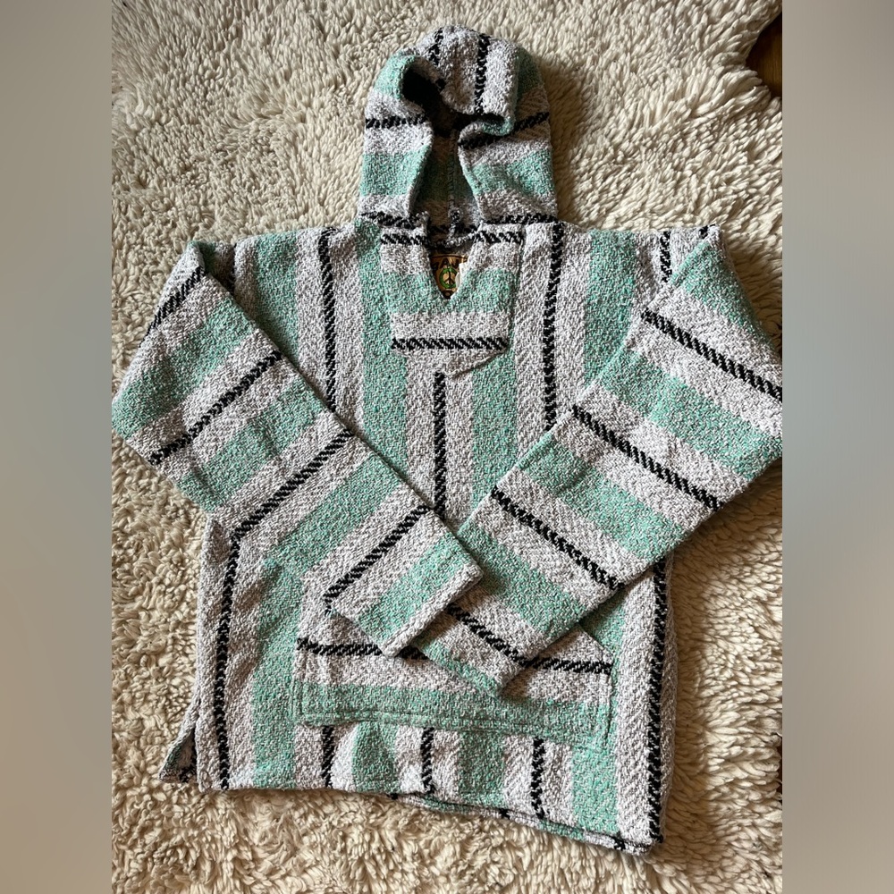 Striped Hooded V-Neck Sweater in Mint and Ivory